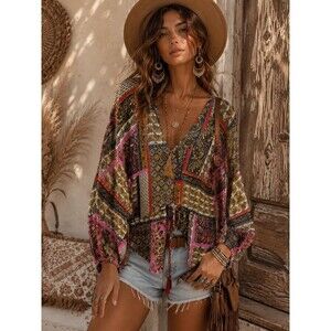 Bohemian Patchwork Paisley Print Tunic Top Balloon Sleeves Tassel Tie Size L